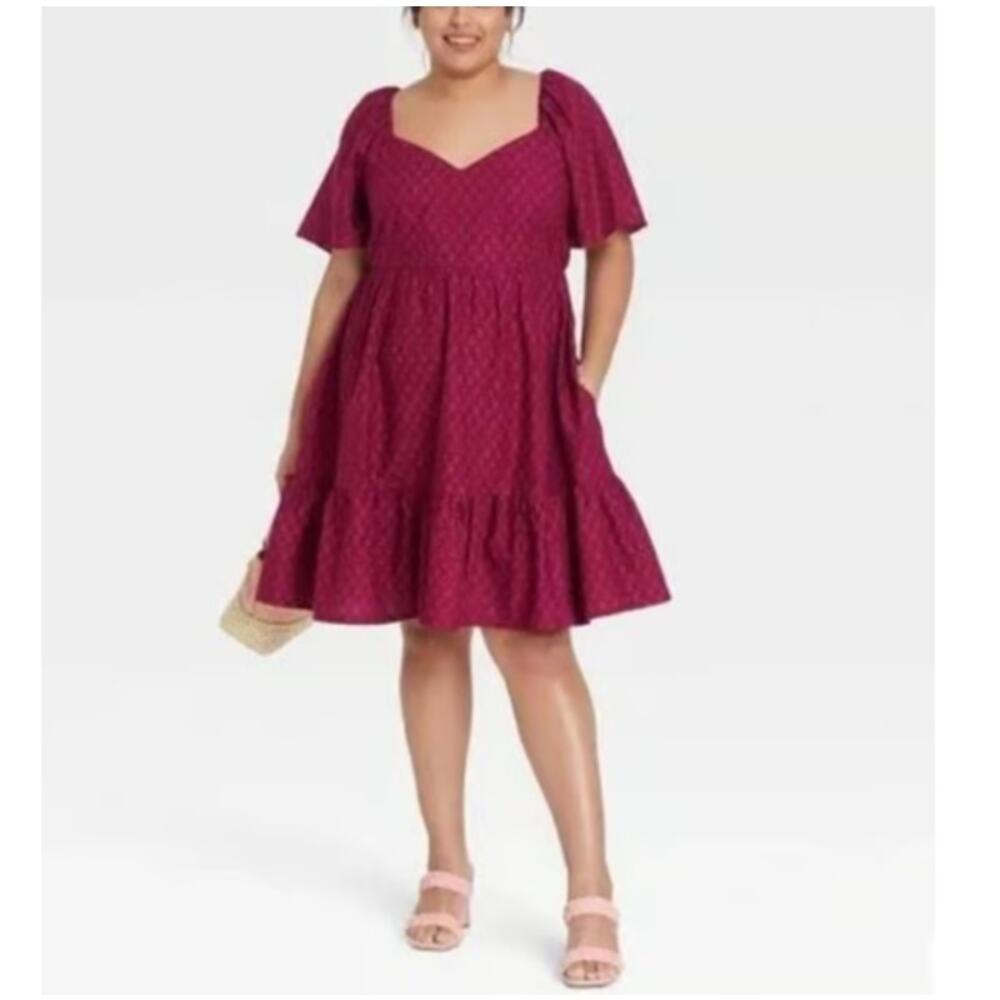 148 Ava & Viv Women's Flutter Tiered Smocked Dress Burgundy Plus Size 3X Red NWT